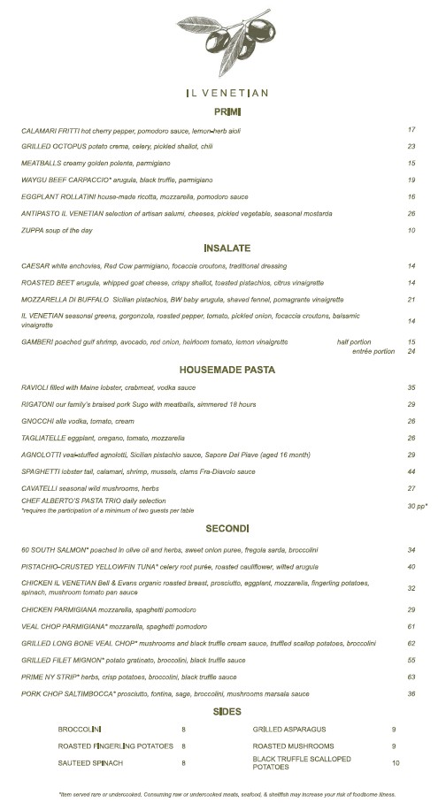 Il Venetian Dinner Menu