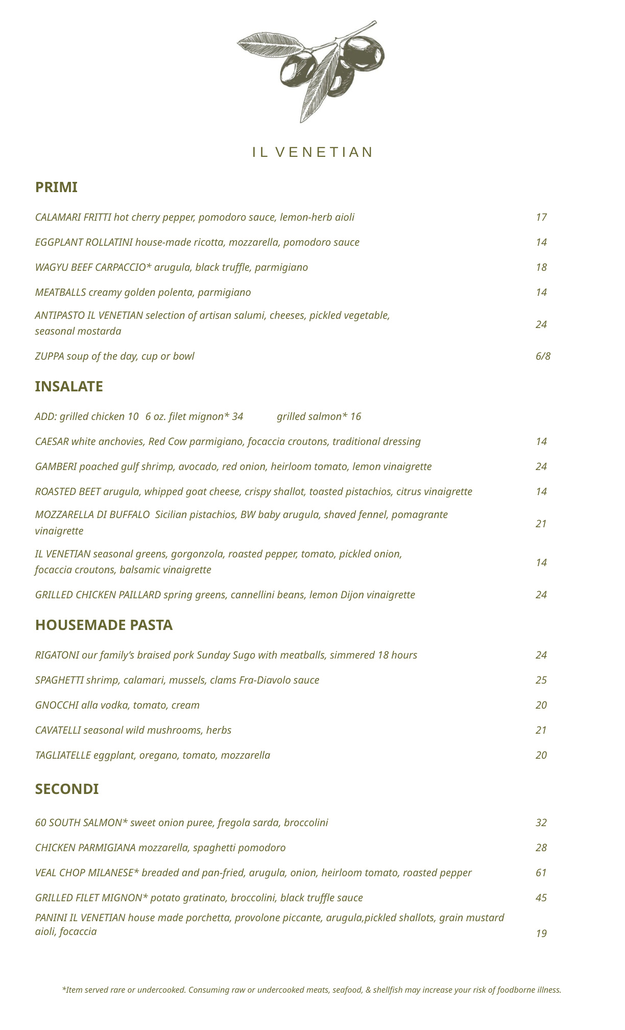 Il Venetian Lunch Menu