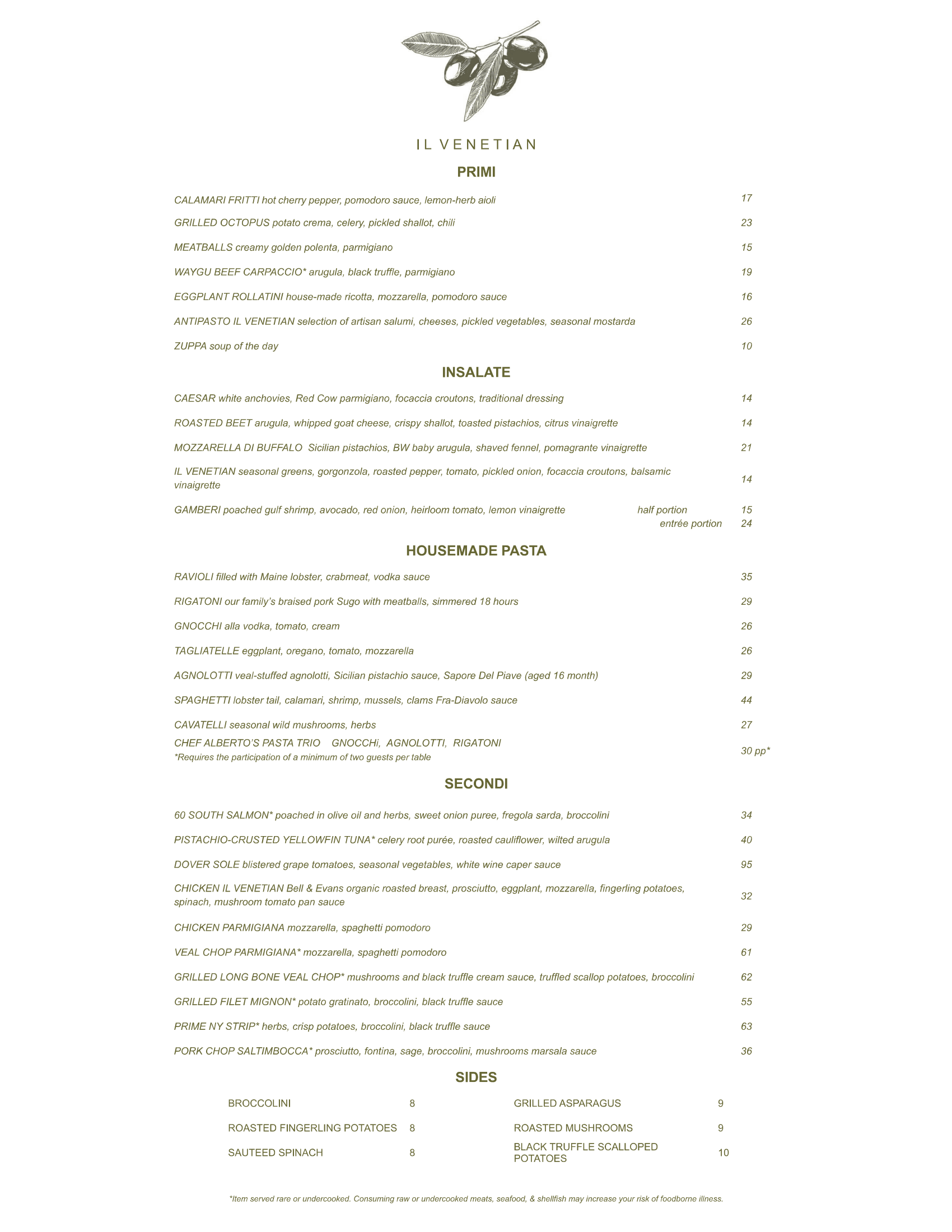Il Venetian Dinner Menu